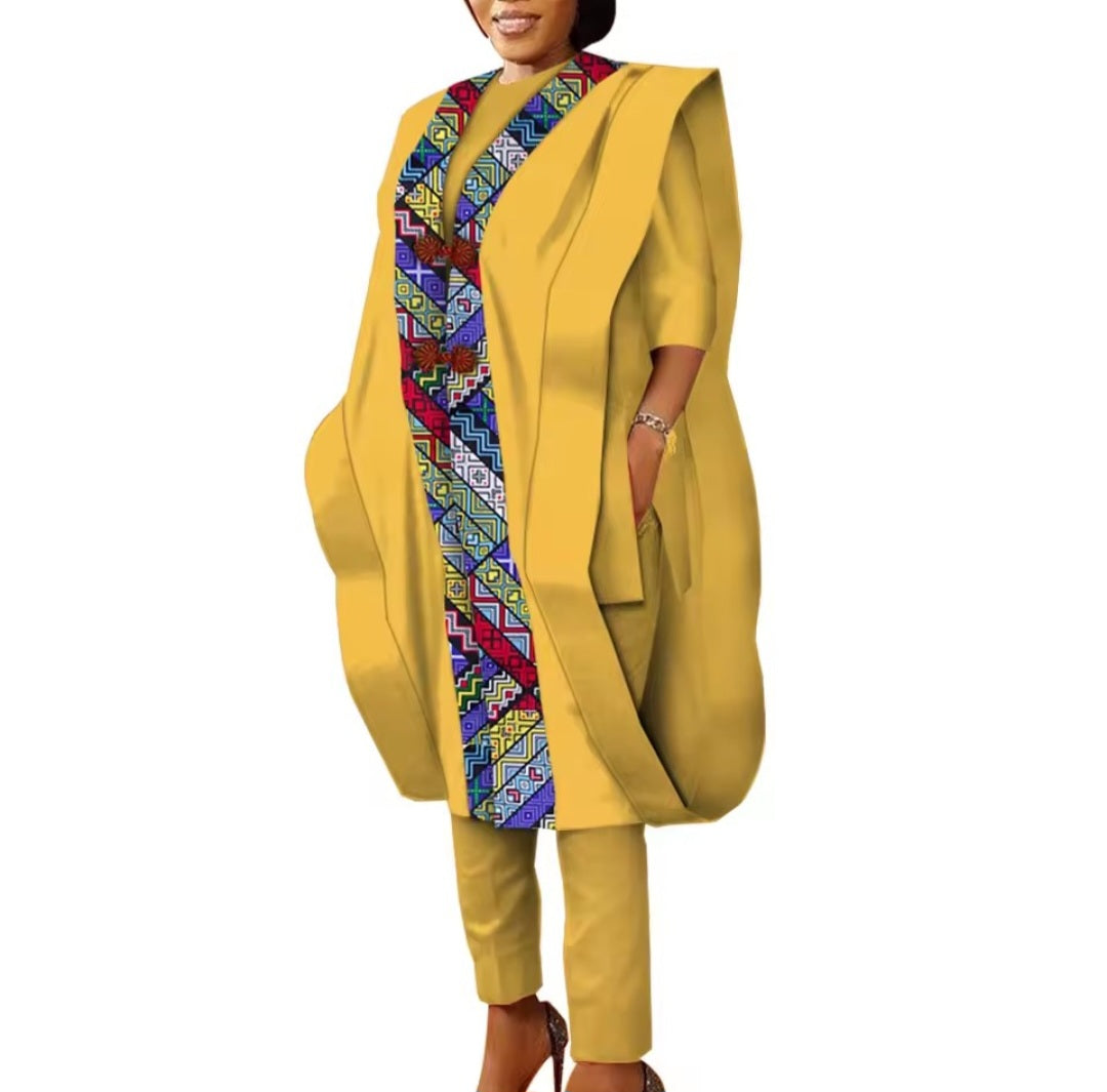 Ensemble Africaine 3 Pièces Femme – Kimono + Tunique + Pantalon (Ankara/Wax)