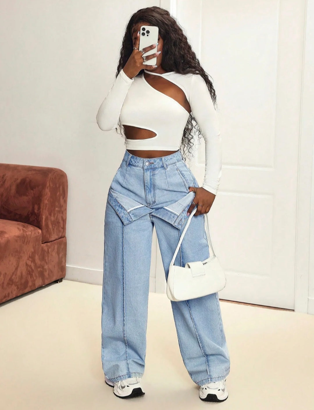 Jean large taille haute à double ceinture