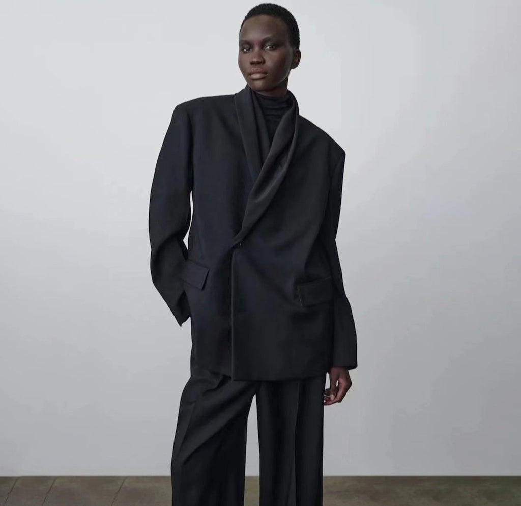 Blazer Noir Oversize Col Drapé