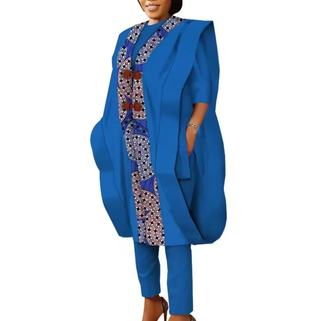 Ensemble Africaine 3 Pièces Femme – Kimono + Tunique + Pantalon (Ankara/Wax)
