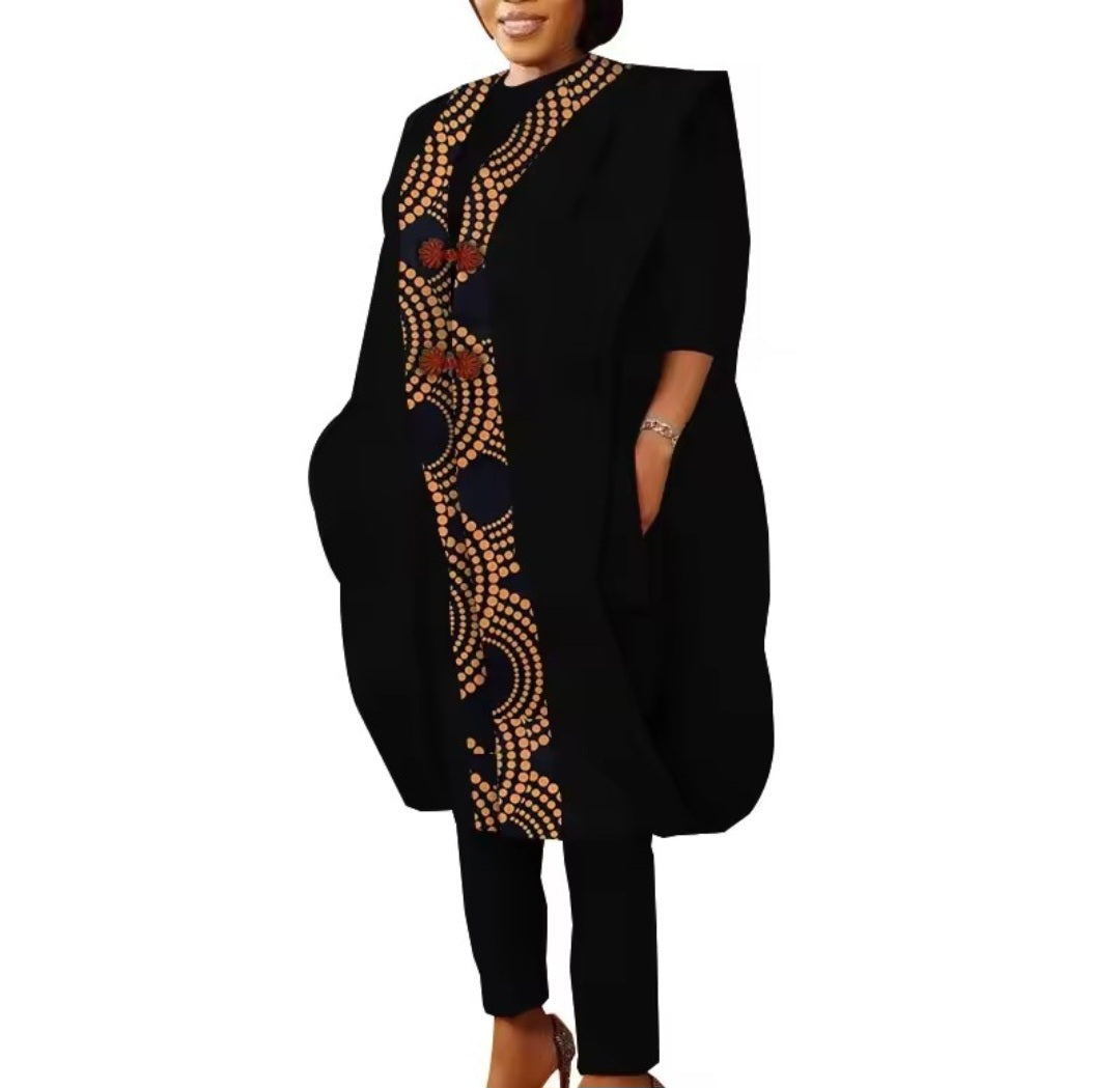 Ensemble Africaine 3 Pièces Femme – Kimono + Tunique + Pantalon (Ankara/Wax)