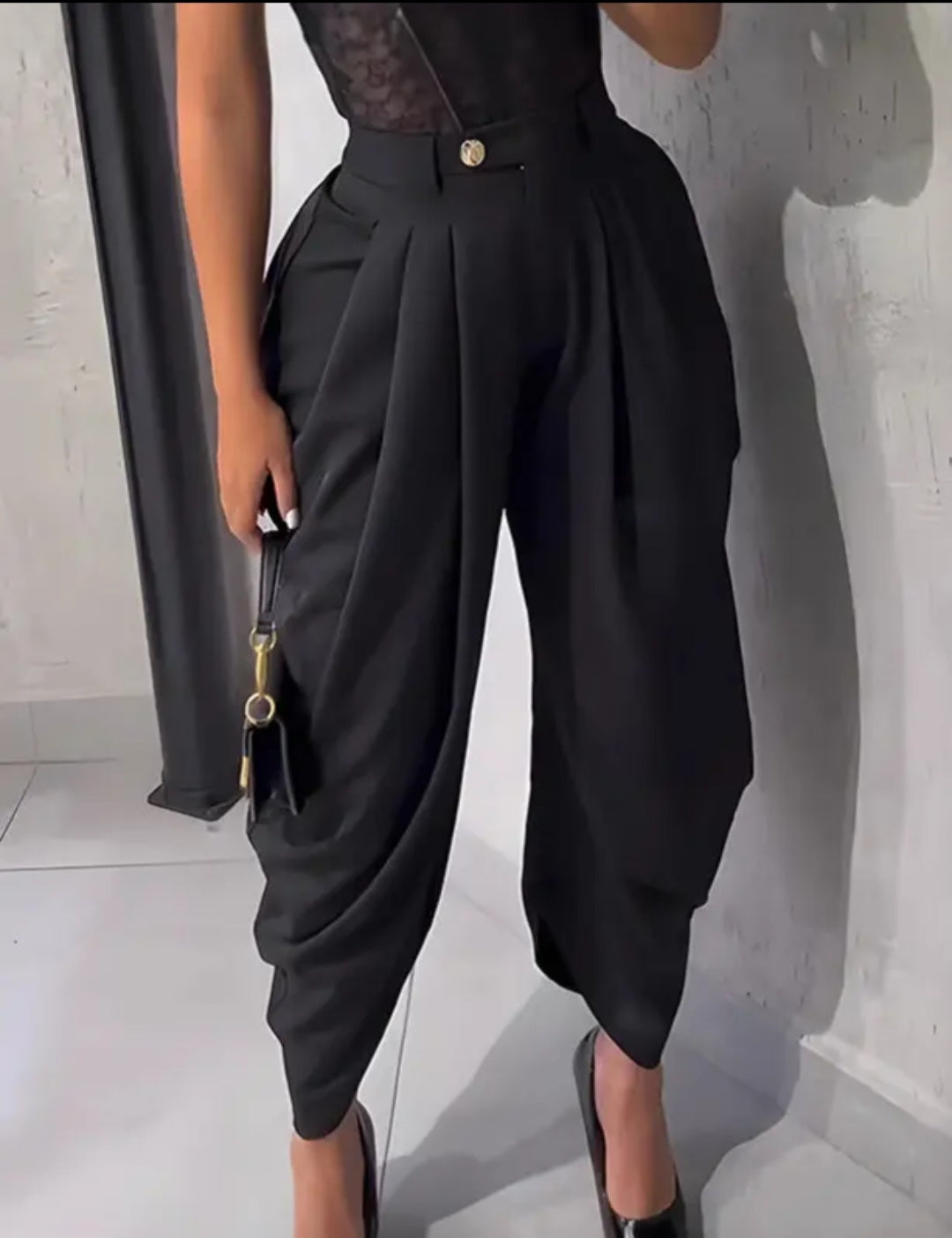 Pantalon taille haute drapé (polyester/coton) – Coupe chic