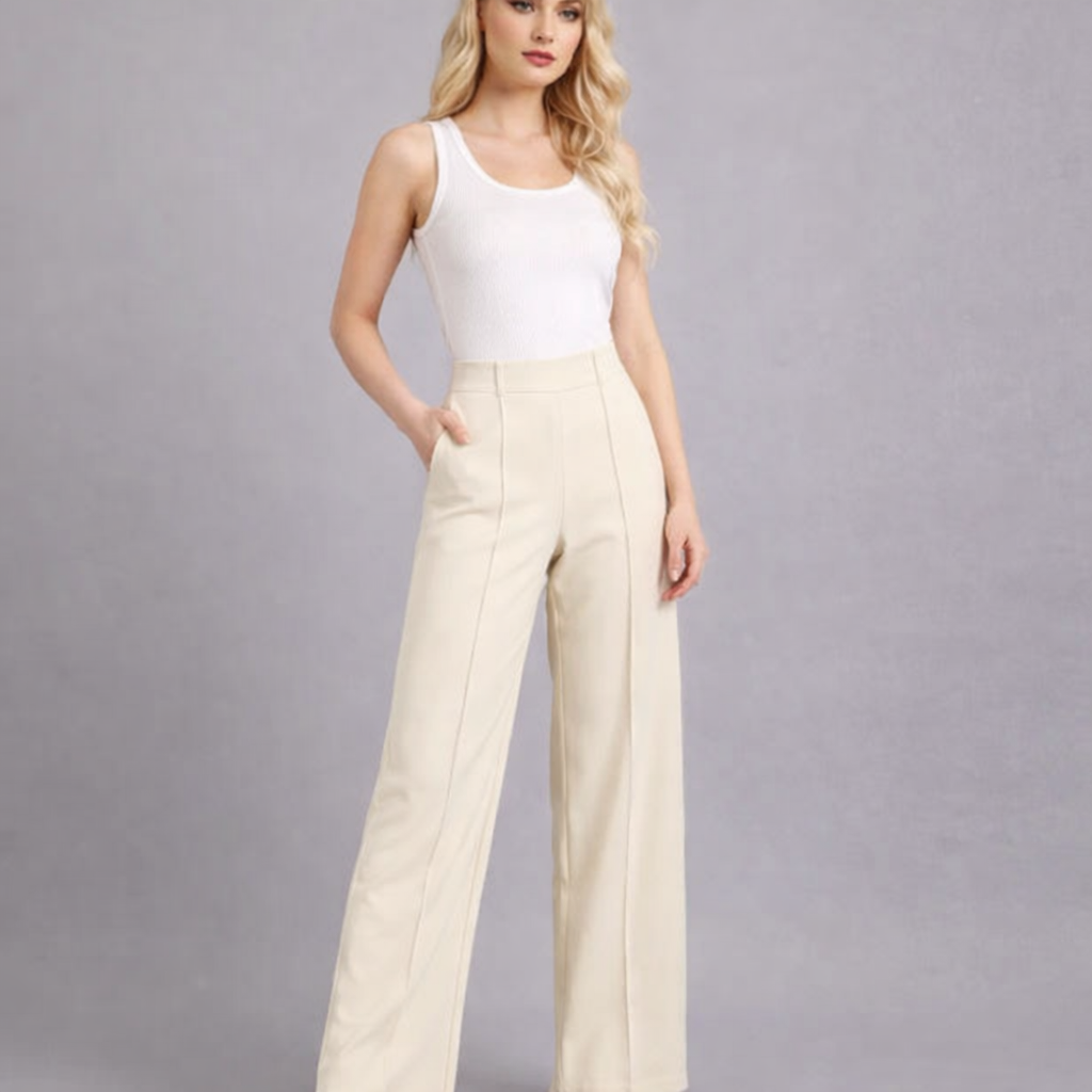 Pantalon tailleur crème taille haute – Coupe droite