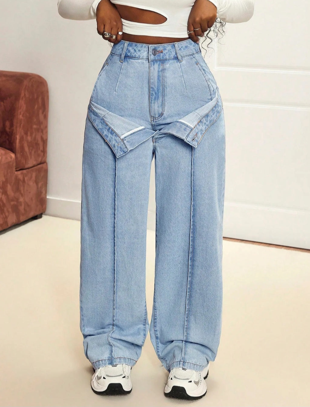 Jean large taille haute à double ceinture