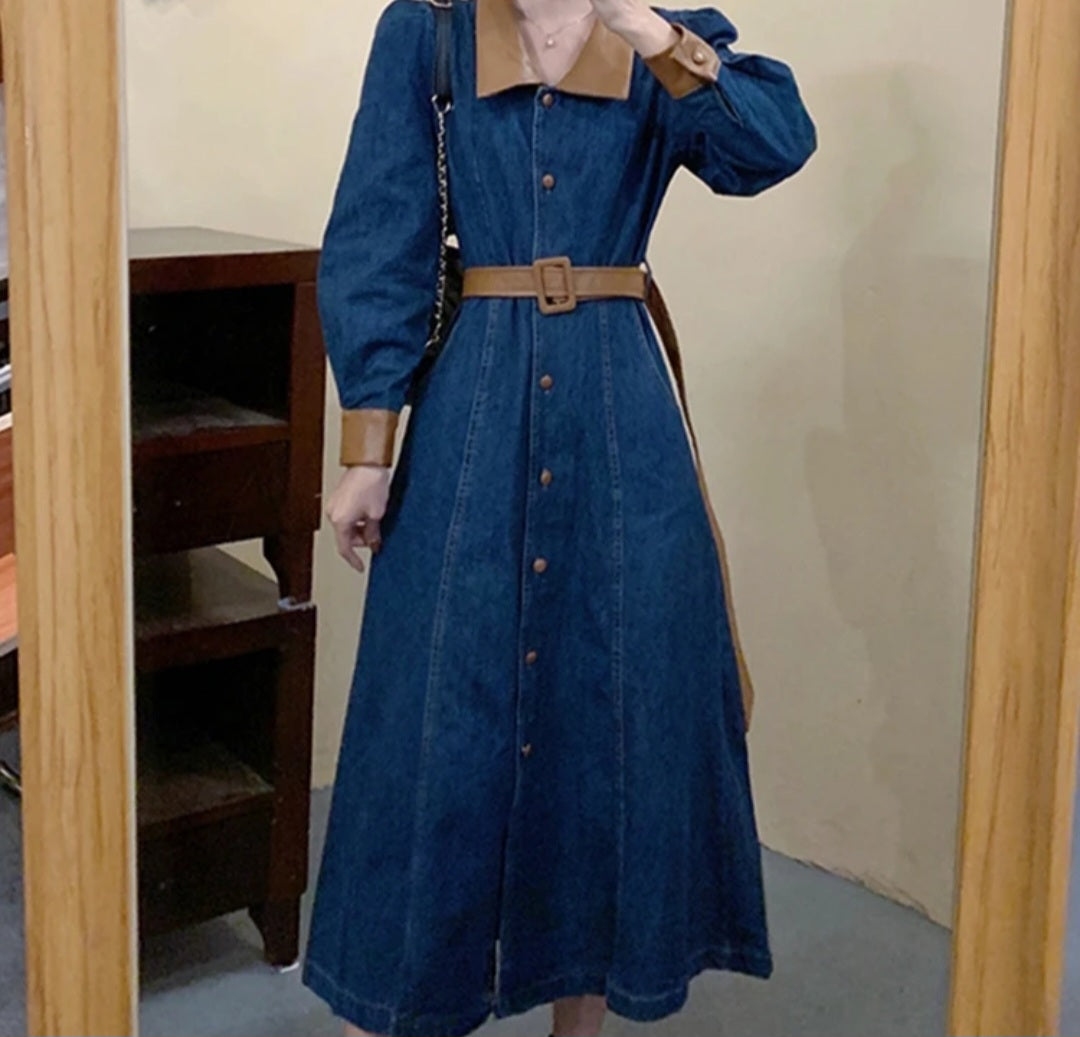 Robe-chemise longue en jean à manches gigot