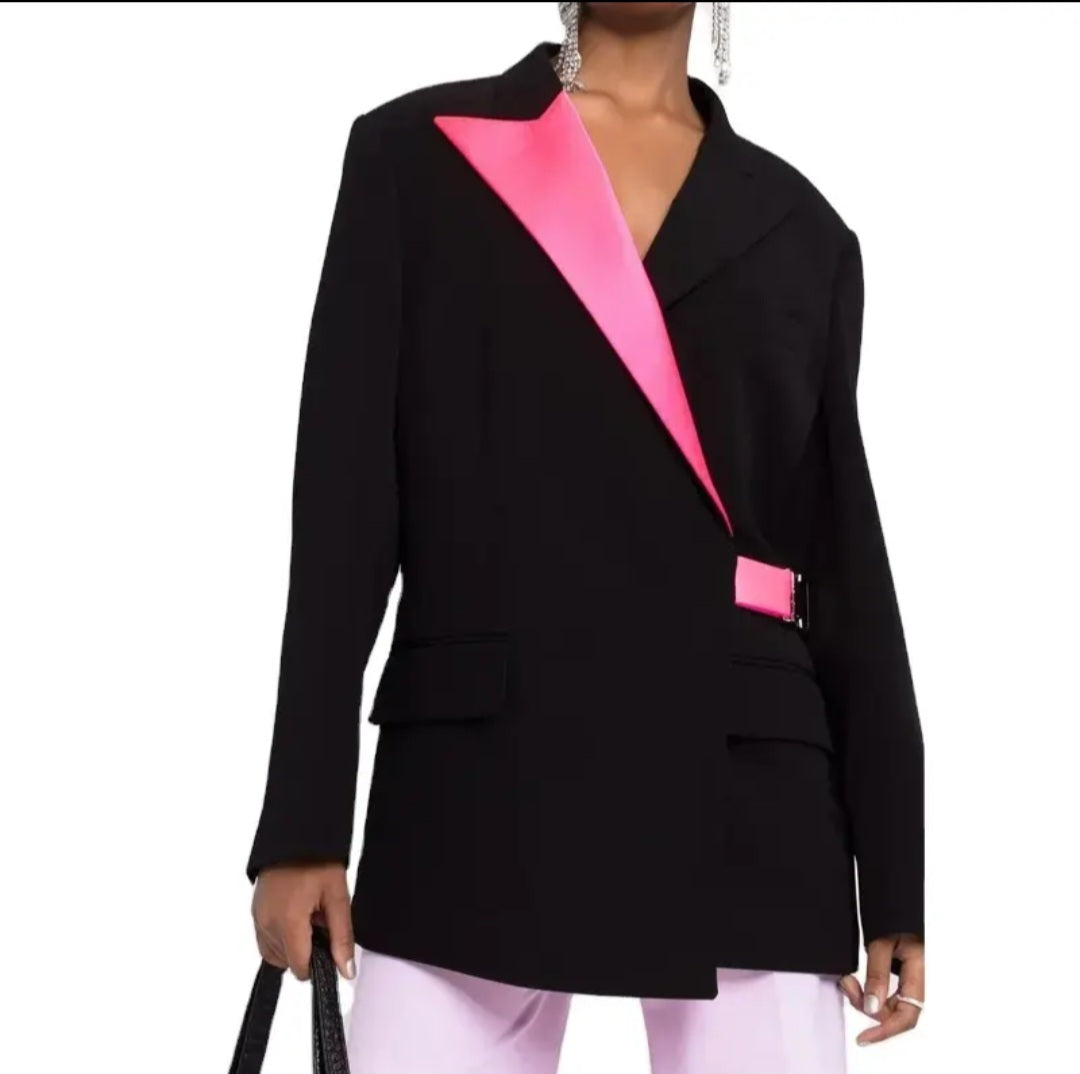 Blazer Oversize Noir à Revers Rose Fuchsia