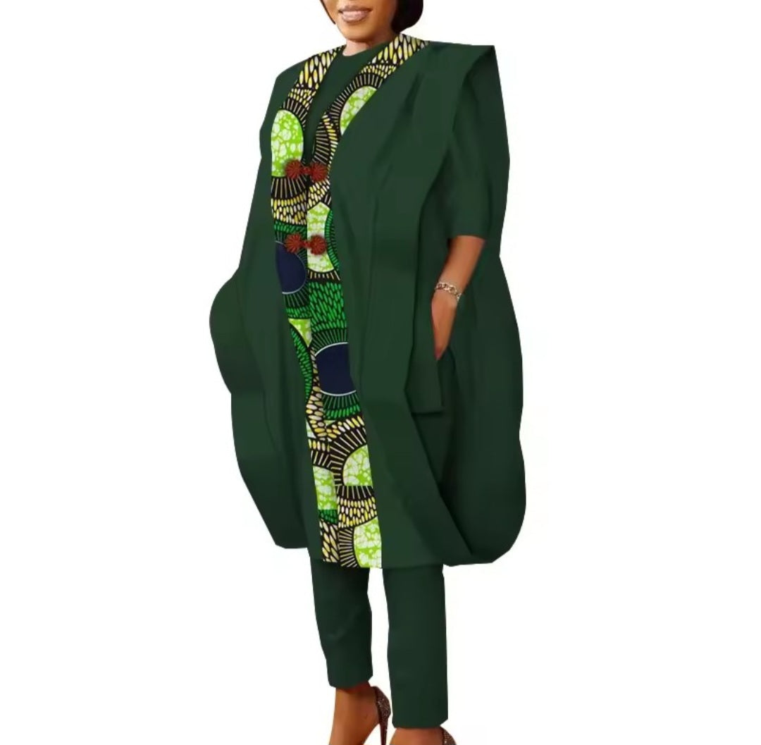 Ensemble Africaine 3 Pièces Femme – Kimono + Tunique + Pantalon (Ankara/Wax)