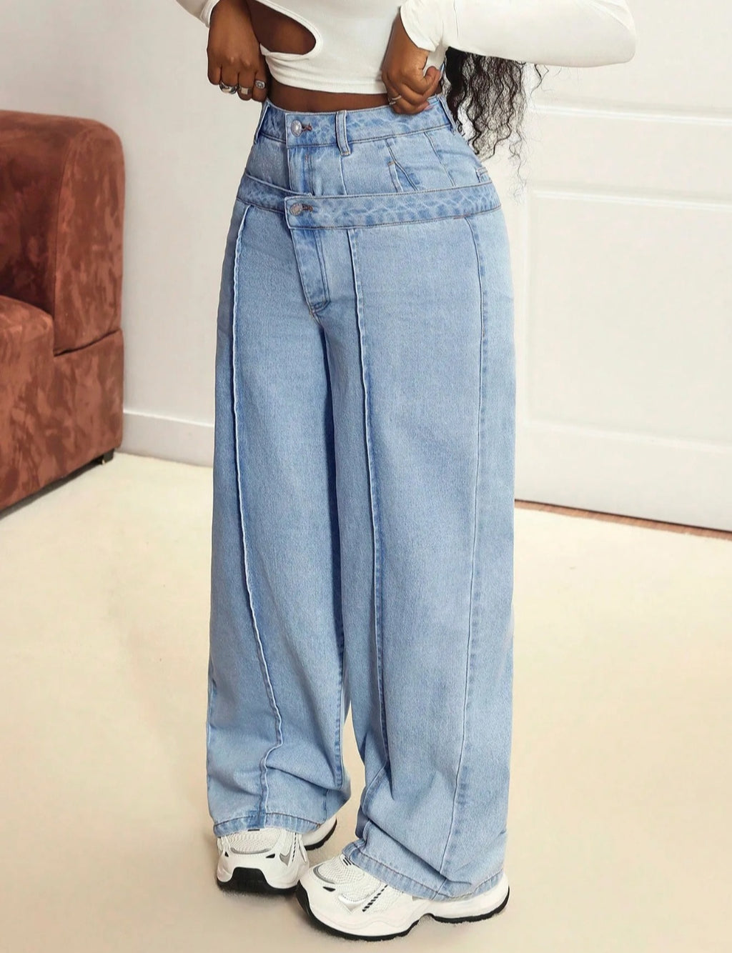 Jean large taille haute à double ceinture