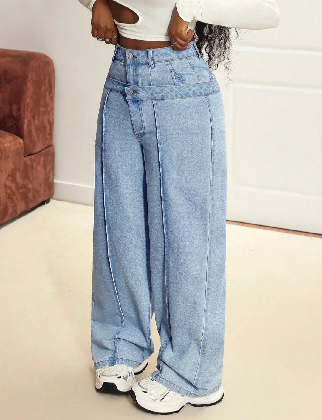 Jean large taille haute à double ceinture