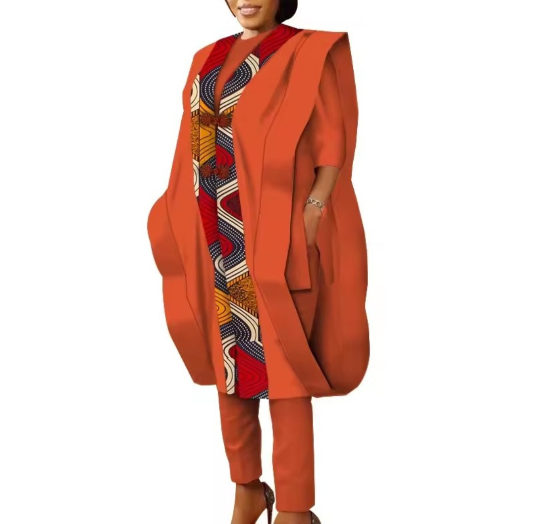 Ensemble Africaine 3 Pièces Femme – Kimono + Tunique + Pantalon (Ankara/Wax)