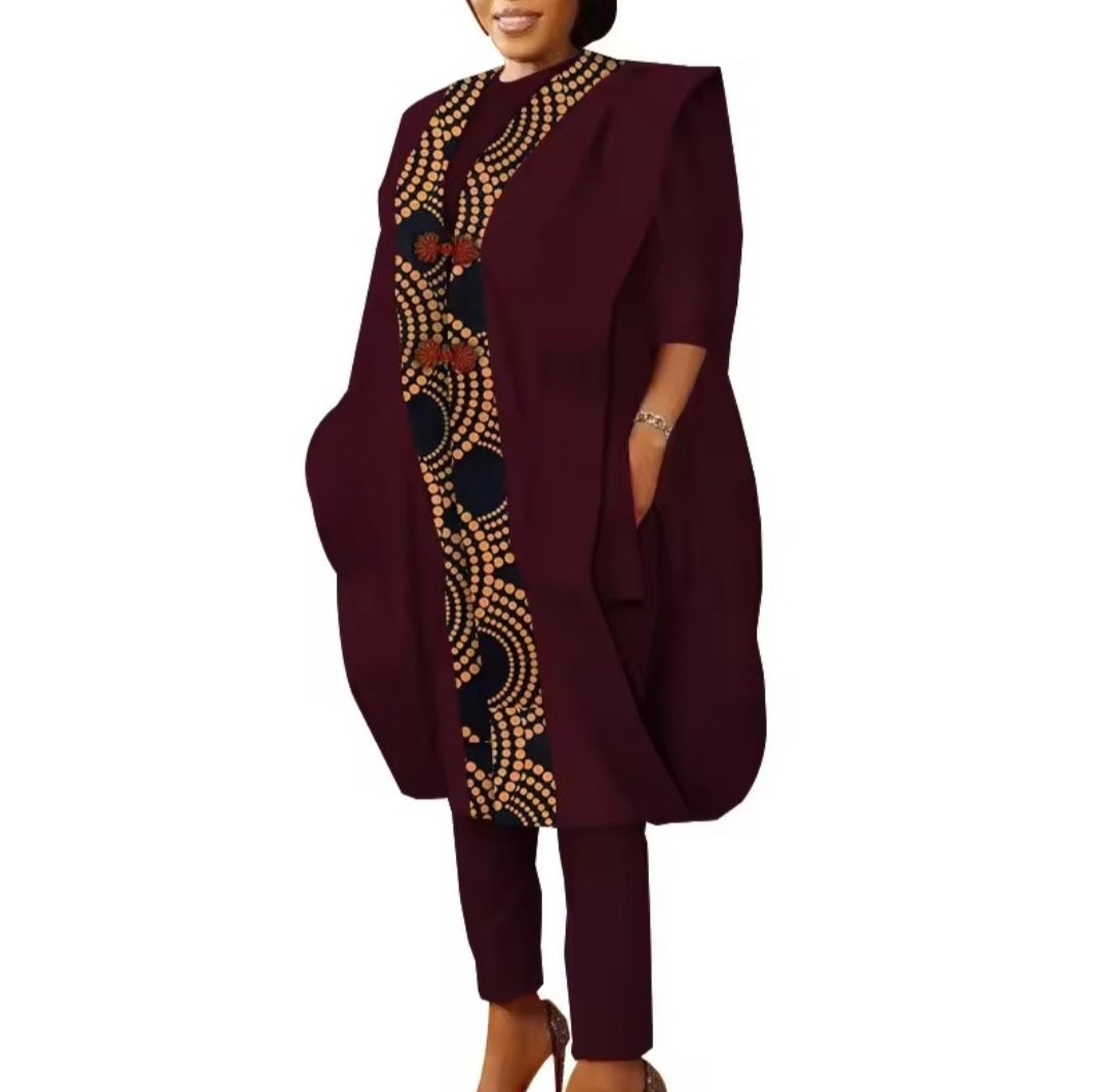 Ensemble Africaine 3 Pièces Femme – Kimono + Tunique + Pantalon (Ankara/Wax)