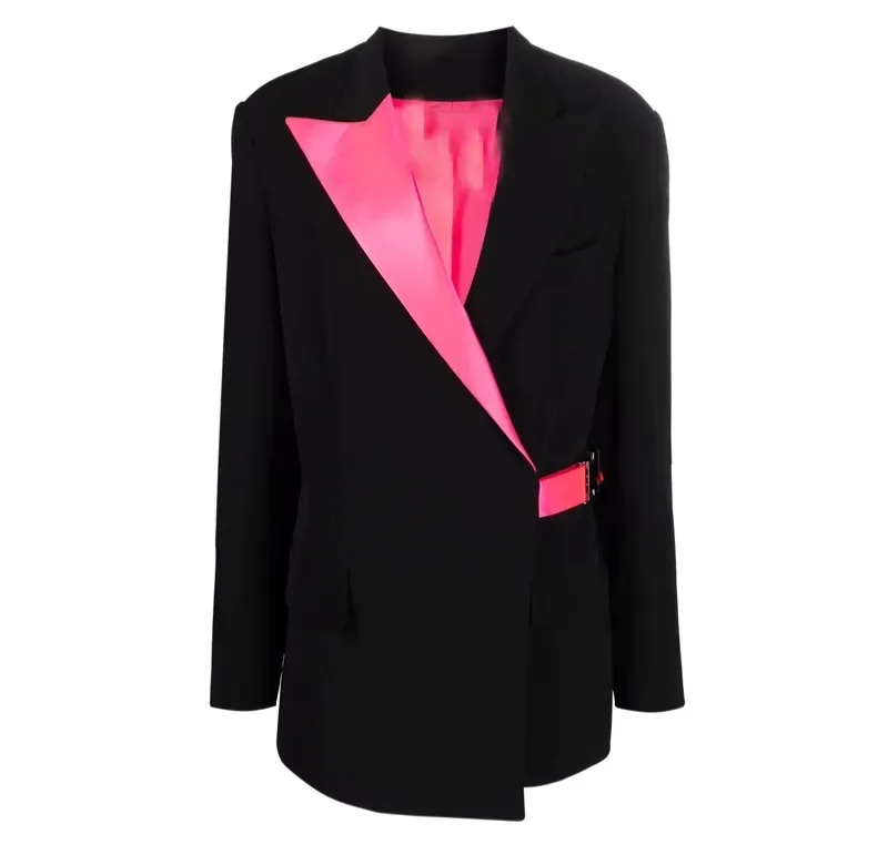 Blazer Oversize Noir à Revers Rose Fuchsia