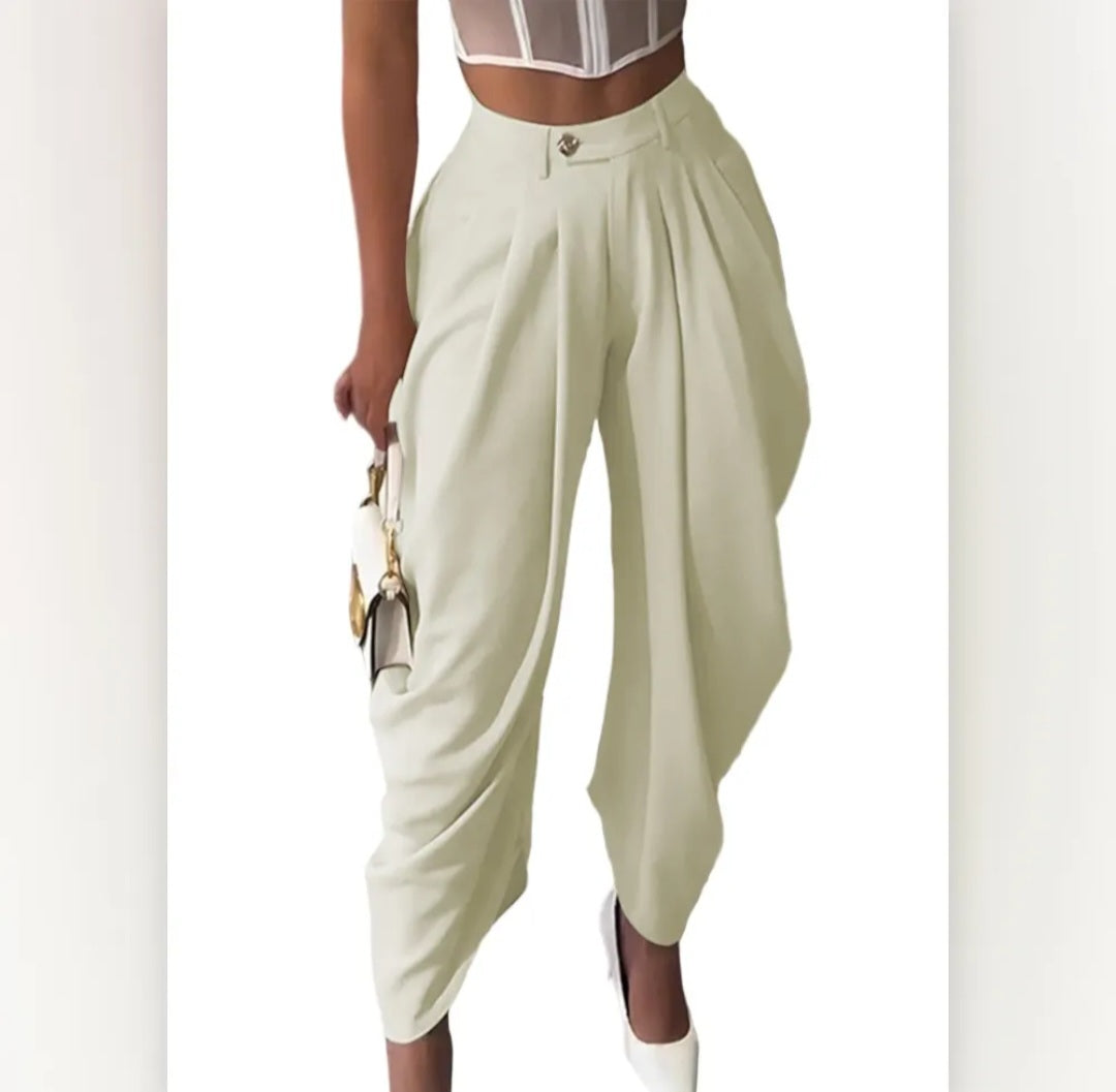 Pantalon taille haute drapé (polyester/coton) – Coupe chic